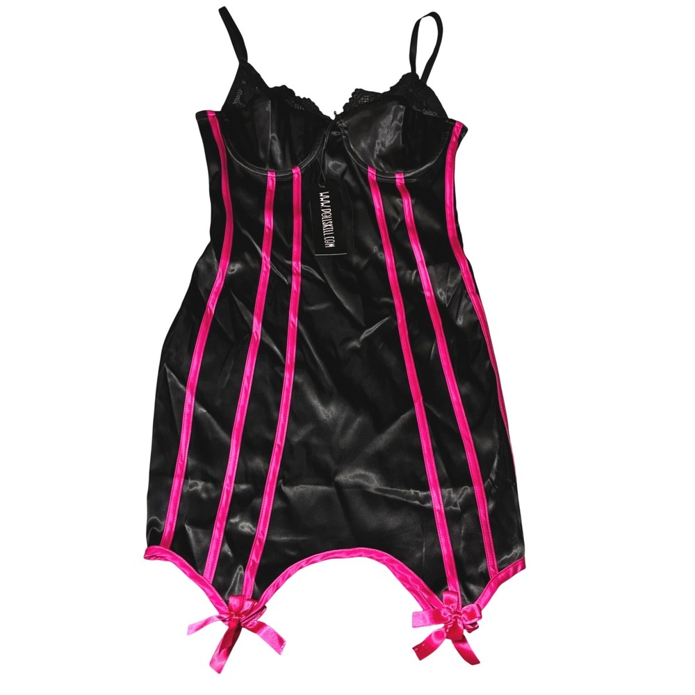 Current Mood Black Corset Dress Pink Trim‎ Lace Detail Women's XS